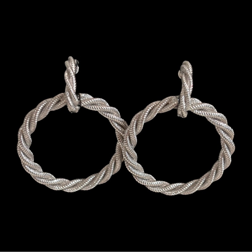 Crown Trifari silver tone spiral rope design dangle circle clip on earrings